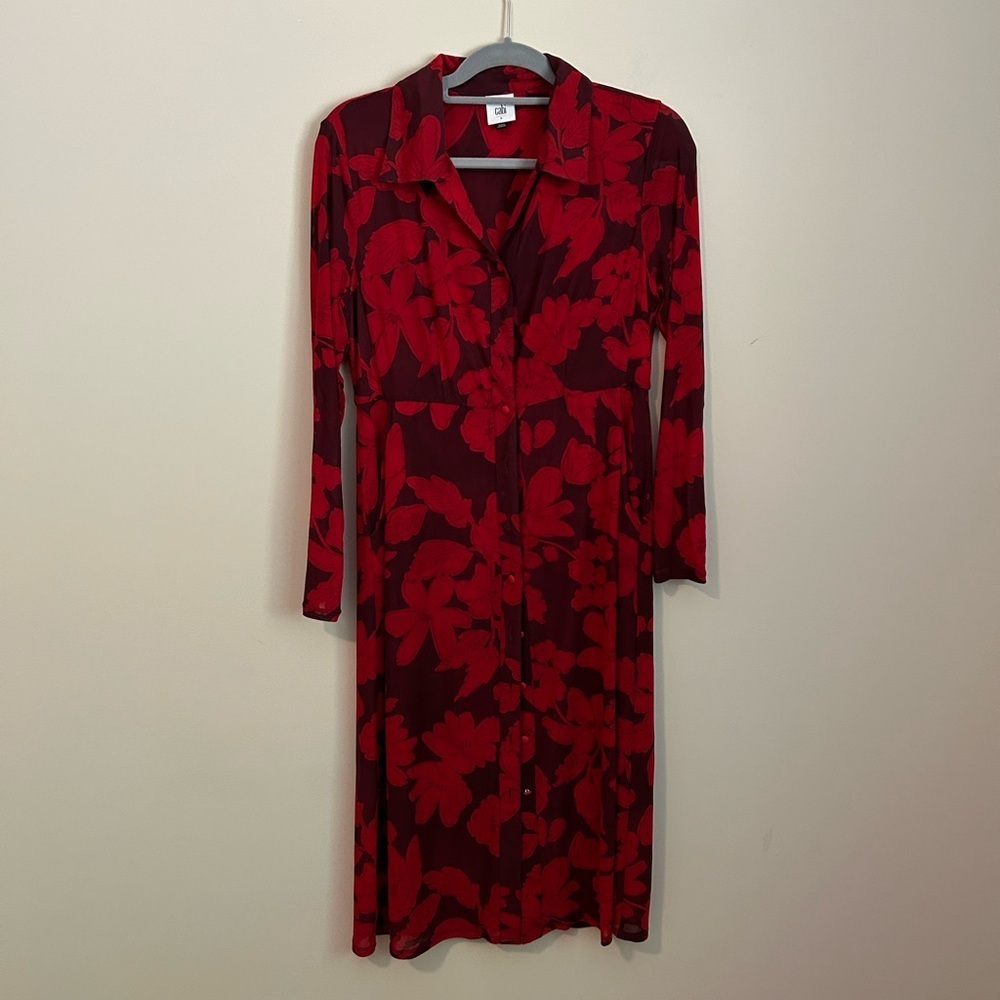 Cabi Red Floral Mesh Long Sleeve Button Front Dress Size Small